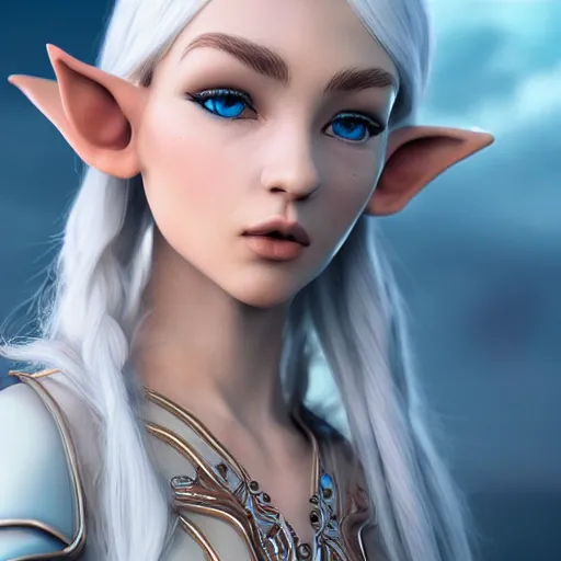 Image similar to a highly detailed elf in full length, with white long hair, white clothes, bright blue eyes, artstation, DeviantArt, professional, octane render