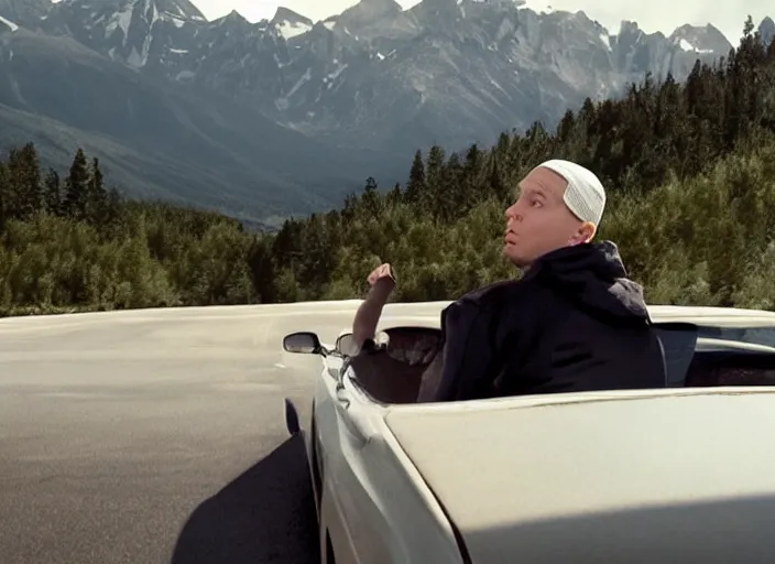 Image similar to a very high resolution image from a new movie, eminem in a car car. inside of a car. alone. mountains, directed by wes anderson