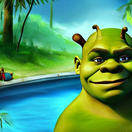 Image similar to shrek taking a selfie in a swimming pool in the middle of the jungle, highly detailed, digital painting, artstation, concept art