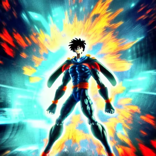 Image similar to Cyber Ultra Instict Goku Portrait, Smooth Digital Artwork, Fractal Chaos Background, Rendered in Maya, Hyperdetailed, Cinematic Shot, in style of Kentaro Miura