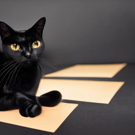 Image similar to black cat sitting in a photo studio, photorealistic
