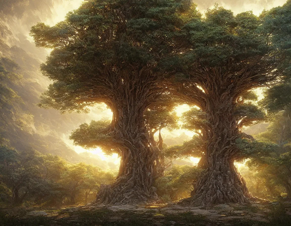 Image similar to hyper realistic 3 d rendering of prehistoric silicon tree, hd, hdr, by moebius and john howe and albert bierstadt and alena aenami, ultra detailed, high resolution