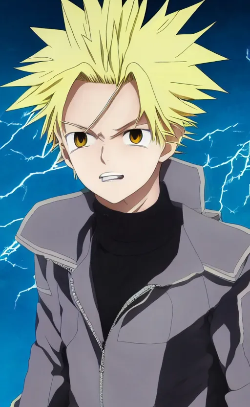 Image similar to Anime key visual of a young boy with spikey yellow hair and lightning powers, Illustrated by Kohei Horikoshi, high quality face, detailed eyes, big eyes, official media, 8k, anime, detailed, HD