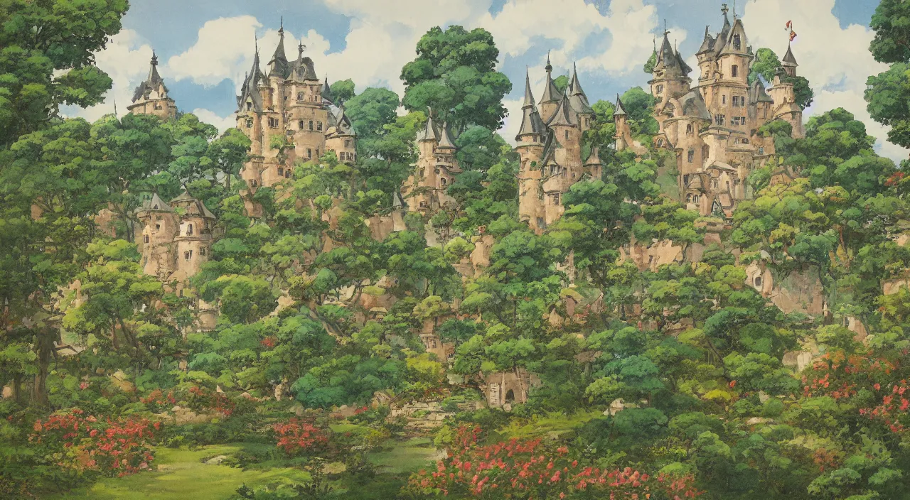 Prompt: a landscape painting of a French castle, with a garden, by Studio Ghibli