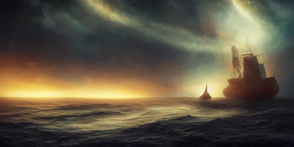 Prompt: detailed beautiful matte painting of a ship sailing a cosmic galaxy by Mikko Lagerstedt and Raphael Lacoste