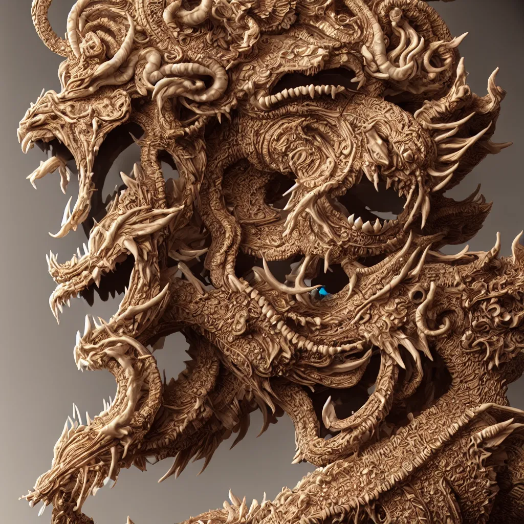 Prompt: a closeup photo - real delicate ceramic porcelain sculpture of an ornate detailed typhon in front of an intricate background by rafael, micro detail, backlit lighting, subsurface scattering, translucent, thin porcelain, octane renderer, colorful, physically based rendering, trending on cgsociety