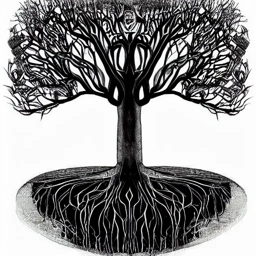 Image similar to tree of life, intricate roots, by tim burton, cosmic life, ethereal