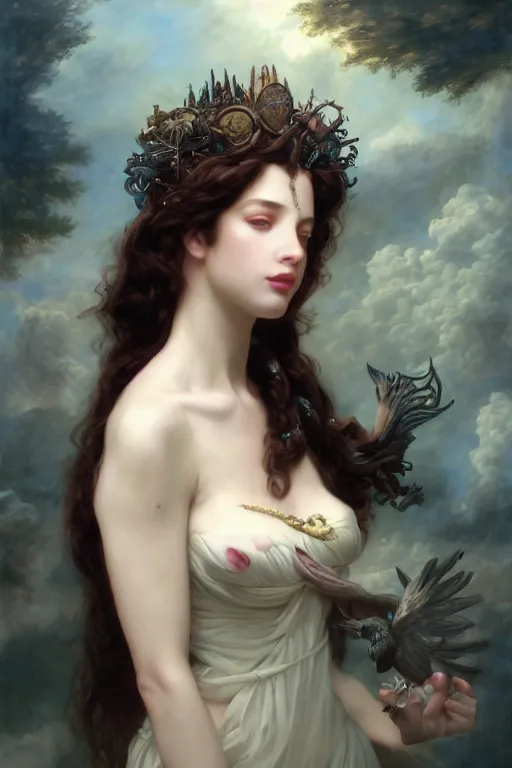 Image similar to a fantasy comic book style portrait painting of a beautiful woman with pale skin and long black hair, mystical valkyrie, francois boucher, oil painting, unreal 5, hyperrealistic, octane render, regal, refined, detailed digital art, rpg portrait, william - adolphe bouguereau, michael cheval, walt disney, steampunk, dynamic lighting, highly detailed, unreal engine