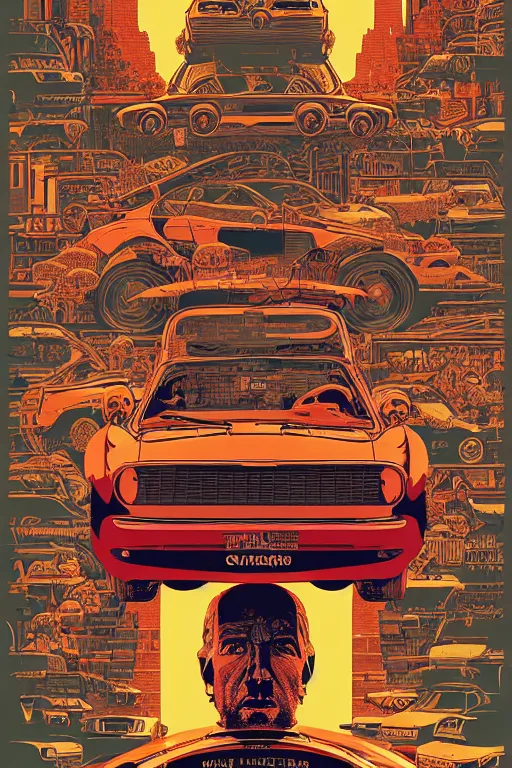 Image similar to a poster of the italian job movie, intricate, volumetric lighting, moebius, geof darrow, frank miller, dan mumford, detailed illustration, digital art, victo ngai, kilian eng, vector art