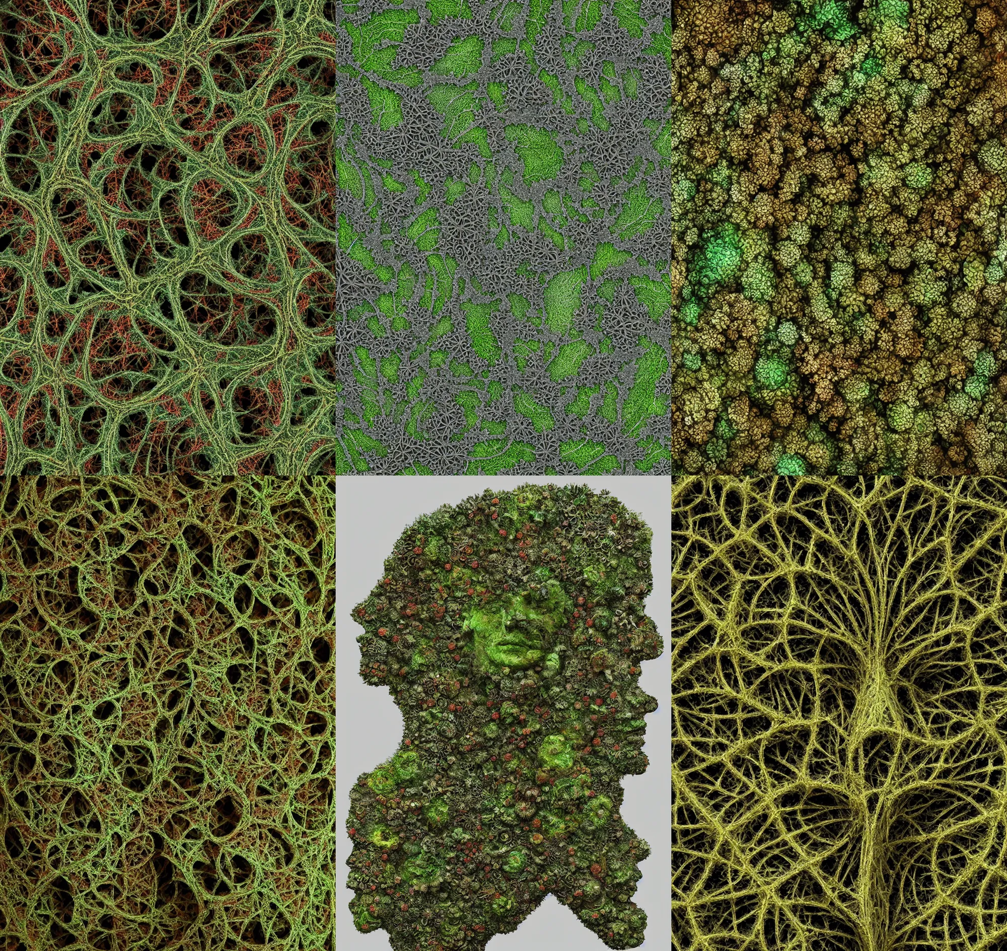 Prompt: human fractal face, complex and detailed, moss coral covering ancient relics in huge fractal cathedral, in the style of robert venosa