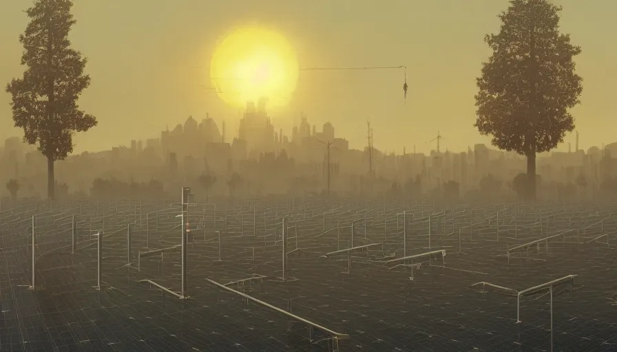 Image similar to city full of solar panels, early morning sun in the sky, one tree, simon stalenhag