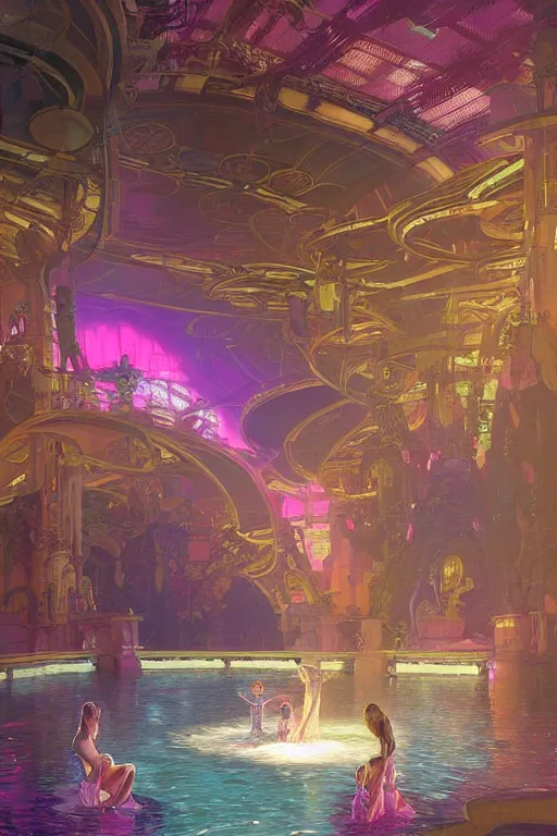 Prompt: Concept Digital Art Highly detailed Alien Art Deco Cybertron lazy river inside of the Palace of the Primes with glowing pink water at night by greg rutkowski, Ilya repin, alphonse mucha, and Edmund Blair Leighton. Very highly detailed 8K, octane, Digital painting, the golden ratio, rational painting