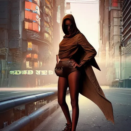 Image similar to a fashion model, creative, brown skin, digital art, photo manipulation, artstation, standing, cyberpunk, giant, street, duck shoes, photoshop