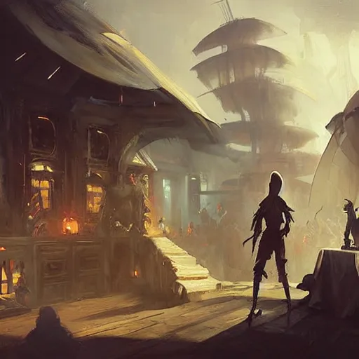 Prompt: An alien walks into a pirate tavern, fantasy art by Greg Rutkowski