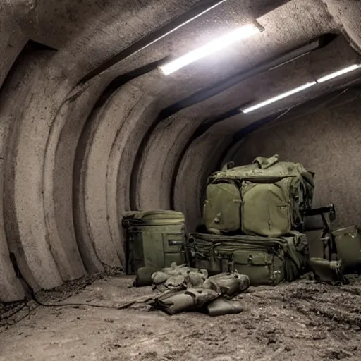 Prompt: interior of bunker filled with military and survival equipment, photorealistic, highly detailed