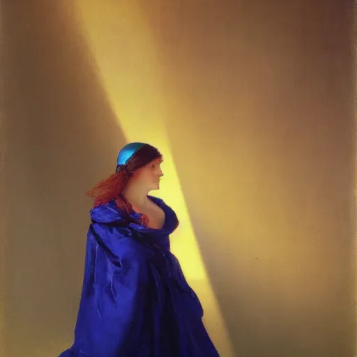 Image similar to a young woman's face, her hair is chrome and she wears an cobalt blue satin cloak, by ivan aivazovsky and syd mead and moebius and gaston bussiere and roger dean and pieter claesz and paul delaroche and alma tadema and aelbert cuyp and willem claesz, hyperrealistic, volumetric light, octane render