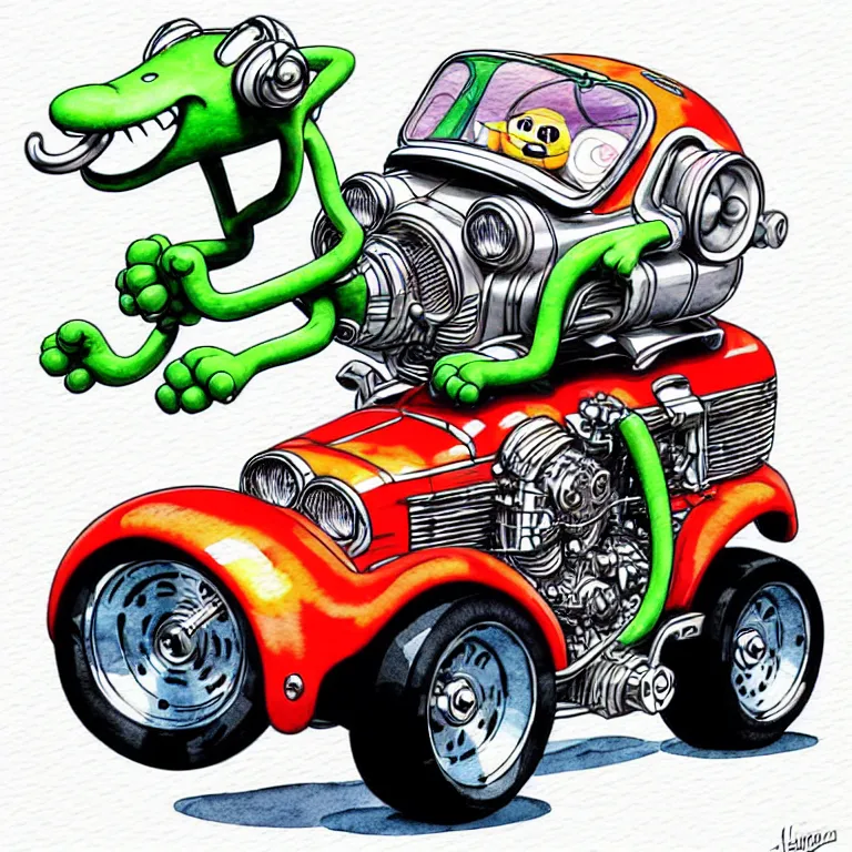 Prompt: cute and funny, jaguar wearing a helmet riding in a hot rod with oversized engine, ratfink style by ed roth, centered award winning watercolor pen illustration, isometric illustration by chihiro iwasaki, edited by range murata, tiny details by artgerm and watercolor girl, symmetrically isometrically centered, sharply focused