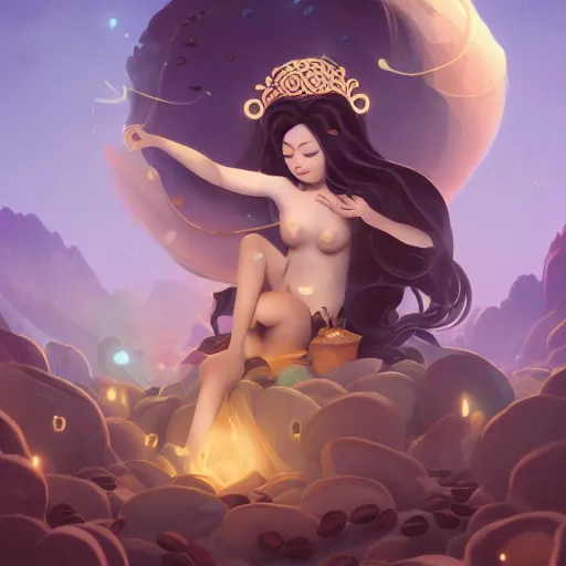 Image similar to goddess of coffee surrounded by coffee beans and steam ☕ 🧖‍♀️, matte fantasy painting volumetric lighting by Ross Tran and Jason Felix and Steve Argyle and Tyler Jacobson and Ching Yeh and Anato Finnstark, bokeh backdrop