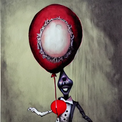 Prompt: grunge painting of david dorbik with a wide smile and a red balloon by chris leib, loony toons style, pennywise style, corpse bride style, horror theme, detailed, elegant, intricate