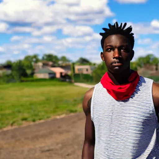 Image similar to Young man standing looking to the right in a red bandana, blue striped shirt, gray vest and a gun with a partly cloudy sky in the background. The young man is standing in front of an iron fence. Photograph. Real life