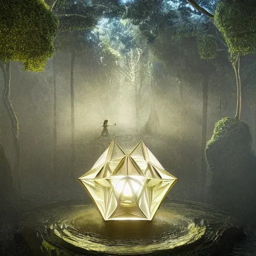 Image similar to peter tarka, minimalistic, hyperrealistic surrealism, award winning masterpiece with incredible details, epic stunning, a highly reflective chrome octahedron with lights coming out of the bottom in the middle of a tropical rainforest, alien structure, highly detailed, trending on ArtStation, golden hour, artgerm and greg rutkowski and alphonse mucha, daily deviation, IAMAG