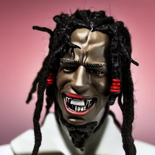 Image similar to travis scott action figure with dreads standing on top of a black rc pickup truck, close up studio photograph, white background