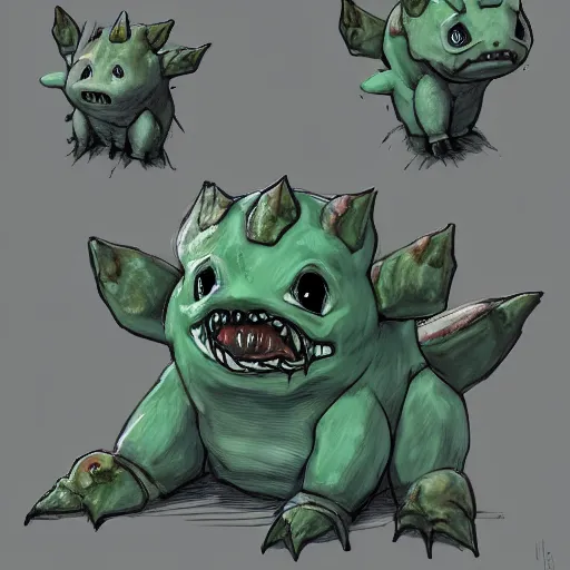 Prompt: Bulbasaur in style of Bloodborne. Concept art, cosmic horror, body horror, ArtStation.