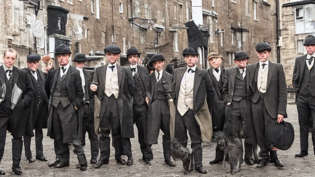 Image similar to a group of shrimps dressed like the peaky blinders