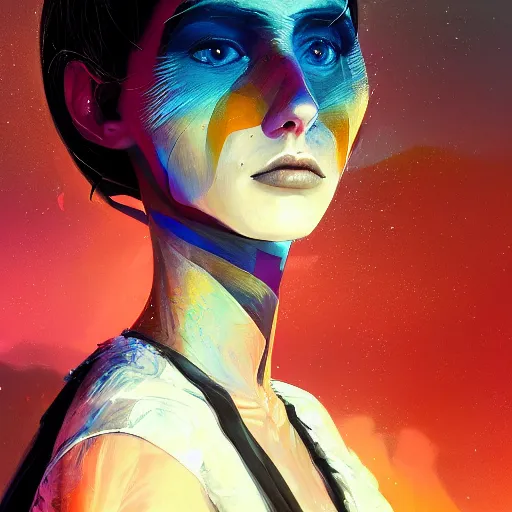 Prompt: colorful character portrait of a woman in a dark desert lit by the stars, wispy smoke, highly detailed face, very intricate, symmetrical, cinematic lighting, award - winning epic painting, painted by mandy jurgens, pan futurism, lumion render, dystopian, bold colors, dark vibes, cyberpunk, groovy vibe, anime aesthetic, featured on artstation