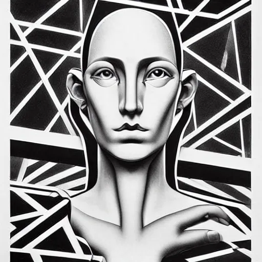 Prompt: white lithography print polish poster conceptual figurative post - morden monumental portrait made by escher, highly conceptual figurative art, intricate detailed illustration, controversial poster art, polish poster art, geometrical drawings