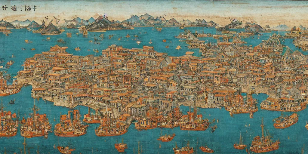 Prompt: A huge ancient Chinese port city with a thriving harbor and a large number of sailing ships, late medieval art, 13th century paintings, Siena school, Giotto, Marco Polo, highly detailed and impressive, 8k