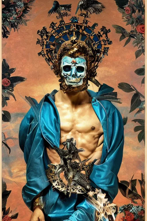 Image similar to a young handsome Spanish metal android with a large glowing battery in the center of his chest in a full-body bronze cyberpunk style statue of Icarus with glowing blue eyes, crown of peach roses, flowing teal-colored silk, fabric, flowers. baroque elements, human skull. full-length view. baroque element. intricate artwork by caravaggio. many many birds birds on background. Trending on artstation, octane render, cinematic lighting from the right, hyper realism, octane render, 8k, depth of field, 3D