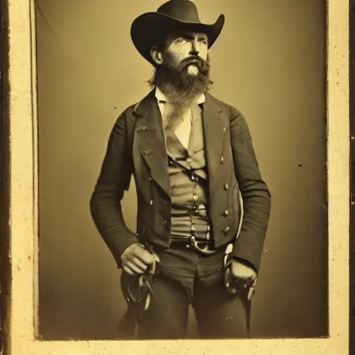 Prompt: cowboy Arthur Morgan dramatic lighting late 1800s Daguerreian photo by Mathew Brady