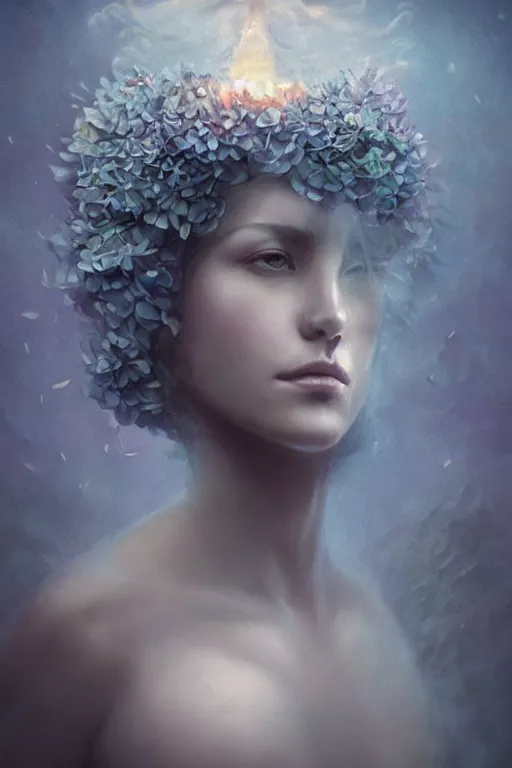 Image similar to hydrangea queen goddess dreaming!!!, windy floating hair!!, atmospheric moody, dark surreal, seductive beauty! cinematic volumetric lights, bust portrait, dnd, fantasy, intricate, elegant, highly detailed, digital painting, artstation, concept art, smooth, sharp focus, illustration, art by artgerm and tom bagshaw and greg rutkowski and alphonse mucha
