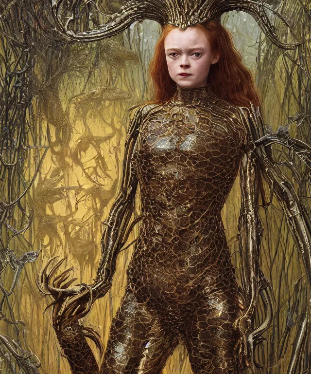 Prompt: a portrait photograph of sadie sink as a strong alien harpy queen with amphibian skin. she is dressed in a metal slimy organic membrane catsuit and transforming into a snake antilope. by donato giancola, walton ford, ernst haeckel, peter mohrbacher, hr giger. 8 k, cgsociety, fashion editorial