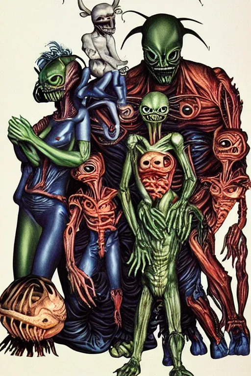 Prompt: alien monster mutant family photo, 1 9 8 0 s, olan mills studio, xenomorph, creepy, scary, nightmare, color