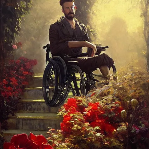 Prompt: handsome portrait of a wheelchair guy fitness posing, radiant light, caustics, war hero, one legged amputee, surrounded by hibiscus, by gaston bussiere, bayard wu, greg rutkowski, giger, maxim verehin