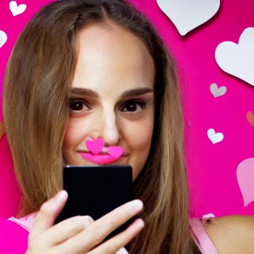 Prompt: a highly detailed college girl that looks like Natalie Portman taking a picture of herself trying to be an influencer with cute pink hearts in the air