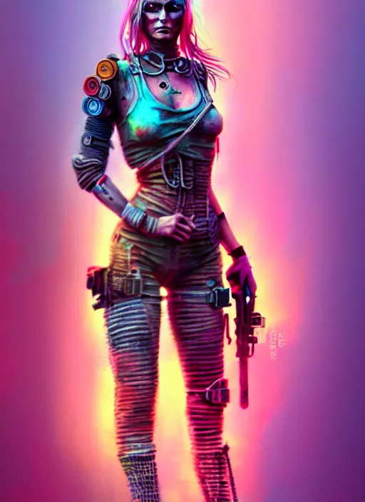 Prompt: full body concept art illustration colorful pastel painting of a female mad max in full intricate colorful clothing, beautiful face, ultra detailed, octane render, 4K, dystopian, micro details