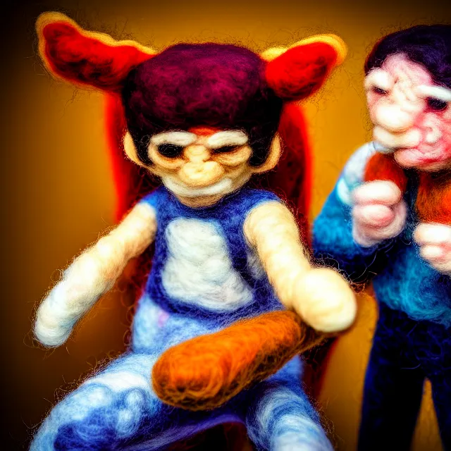 Image similar to needle felted person fighting, highly detailed, tilt shift, cute, hyperrealism, highly textured, god rays