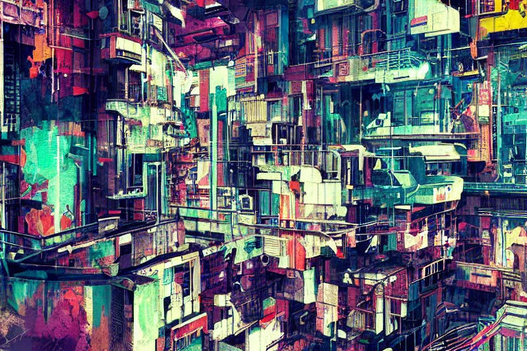 Image similar to architecture collage by atelier olschinsky, cyberpunk, (high contrast), ((oversaturated)), grafitti paint