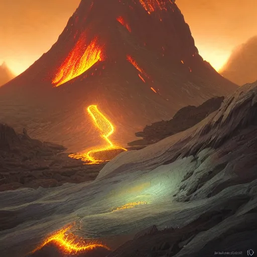 Image similar to a mountain range with a lava tiver flowing through it by akihito tsukushi, backlight, rim lighting, deep focus, d & d, fantasy, intricate, elegant, highly detailed, digital painting, artstation, concept art, matte, centered, sharp focus, illustration, hearthstone, art by artgerm, greg rutkowski and alphonse mucha