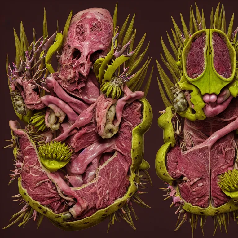 Prompt: symmetrical still life of beautiful pastel tropical alien flowers, exoskeleton, biomechanical cyborg human body parts, tropical fruit, human spine, rotten meat flesh with colorful mold, muscle tissue, spikes, baroque painting, beautiful detailed intricate insanely detailed octane render, 8K artistic photography, photorealistic, chiaroscuro, Raphael, Caravaggio