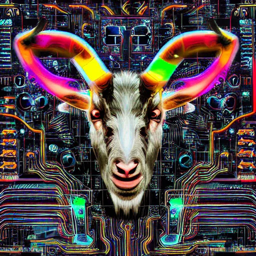 Image similar to cybernetic evil goat head merged with complex circuitry and machinery, multicolored, giger