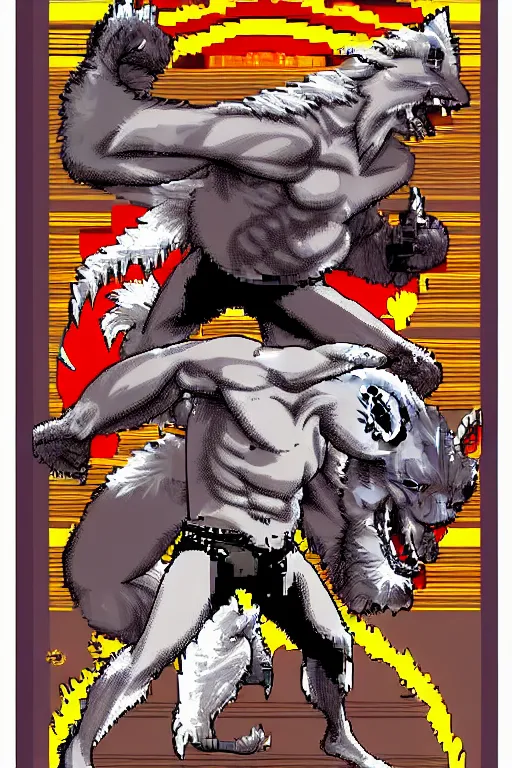 Image similar to extreme long shot. 8 bit nes graphics. antropomorphic muscular masculine wolf. kickboxer fighter, in shorts. wolf head. furr on body. like game contra.