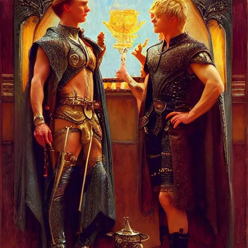 Image similar to attractive arthur pendragon with attractive male merlin the mage. they are in love. highly detailed painting by gaston bussiere, craig mullins, j. c. leyendecker