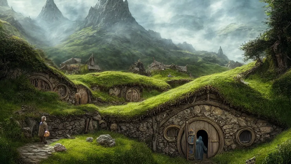 Prompt: frodo returning to bag end at the end of his journey, hobbiton, hobbits visible in the distance, by alan lee, michal karcz, smooth details, lord of the rings, game of thrones, smooth, detailed terrain, oil painting, trending artstation, concept art, fantasy matte painting