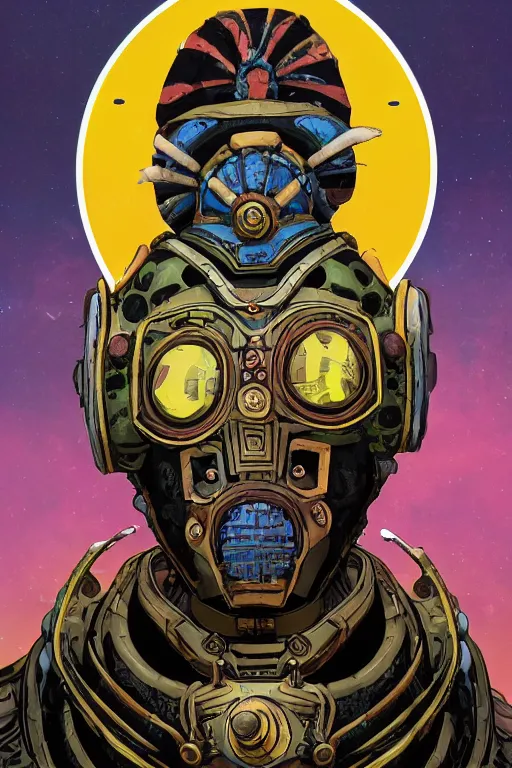 Prompt: Afrofuturism, a zulu voodoo mask helmet bot borderland that looks like it is from Borderlands, portrait painting titled 'Face of sadness' description 'Order of the occult zulu princess' portrait, character design by Feng Zhu and Loish and Laurie Greasley, Victo Ngai, Andreas Rocha, John Harris