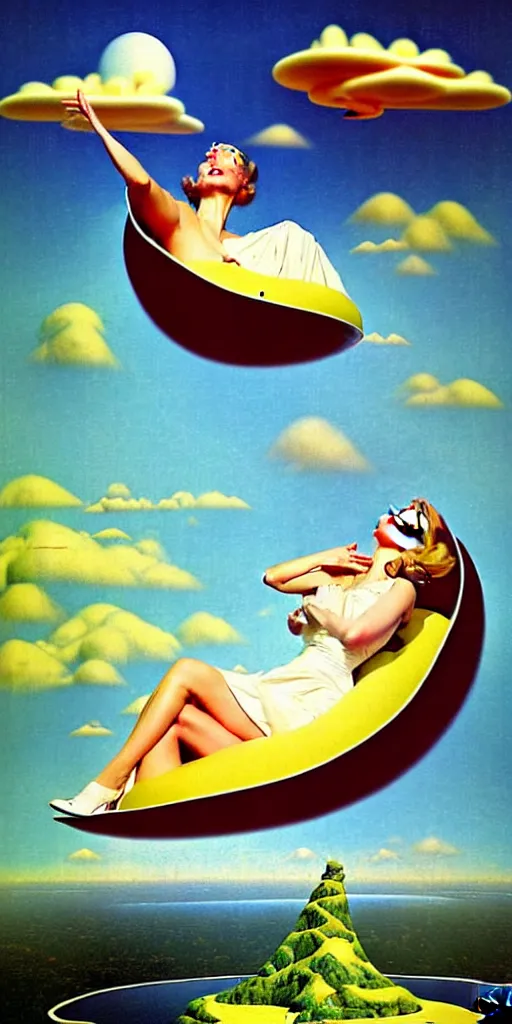 Prompt: floating island in the sky, with a waterfalls, 4k image, award winning by Gil Elvgren