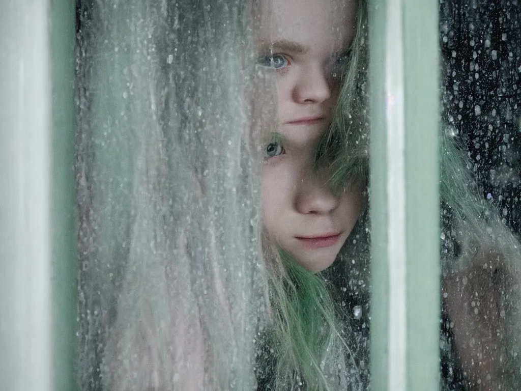 Prompt: photo of Elle Fanning with green hair looking sadly out a window on a rainy night photographed by Jill Greenberg